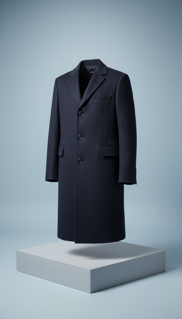 Navy wool overcoat with tailored silhouette
