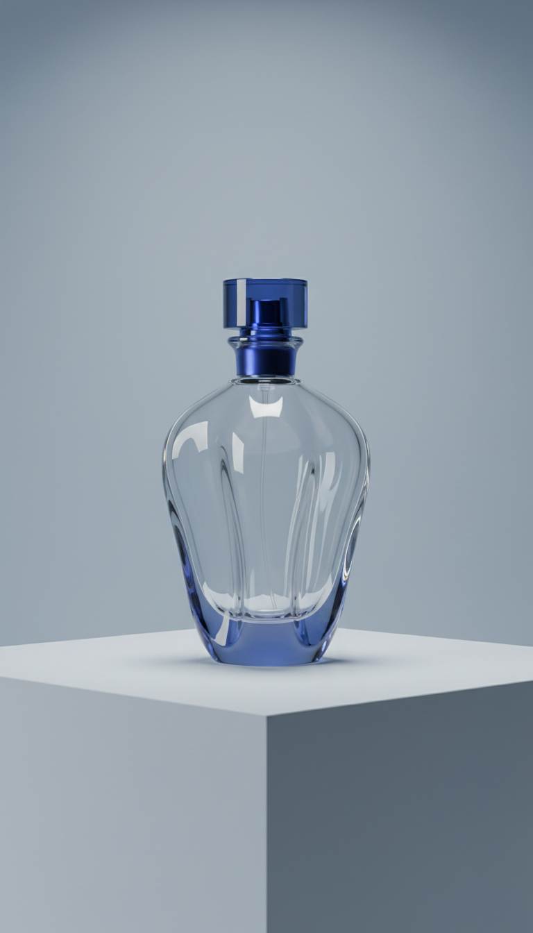 Sculpted glass perfume bottle with blue accent